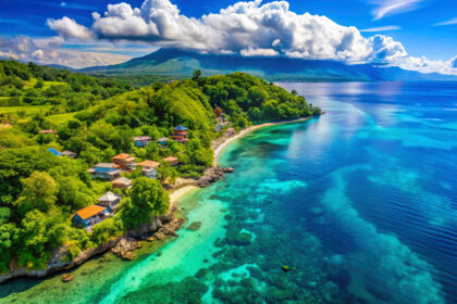 High-angle coastal view of a tropical island with turquoise waters and lush mountains, a top choice for scenic things to do in Dumaguete.