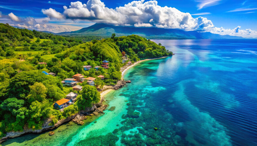 High-angle coastal view of a tropical island with turquoise waters and lush mountains, a top choice for scenic things to do in Dumaguete.