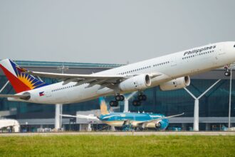 Philippine Airlines Airbus A330 taking off, highlighting air travel for Domestic Flights in the Philippines