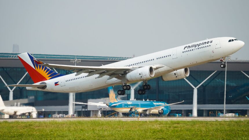 Philippine Airlines Airbus A330 taking off, highlighting air travel for Domestic Flights in the Philippines